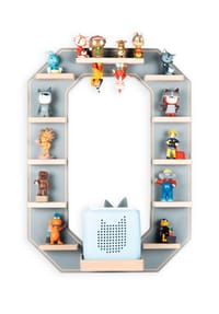 VCM. - My Home - Kinderregal Buchstabe O | hängend für Toniebox und Tonie Figuren | platzsparendes Regal | H. 54 x B. 40 x T. 19 | Wandregal Musikbox und Figuren Aufbewahrung Magneteinsätzen | Aufbewahrungsregal Holz - Grau