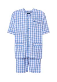 El Búho NOCTURNO® - Kurzer Herren-Schlafanzug, Baumwoll-Popeline, kariert - Blau