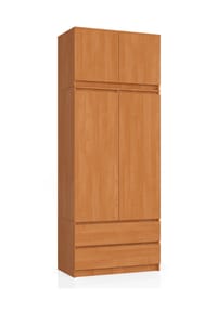 Akord - Kleiderschrank S90 mit Aufsatz, 2 Türen, 2 Schubladen und 6 Einlegeböden - erle