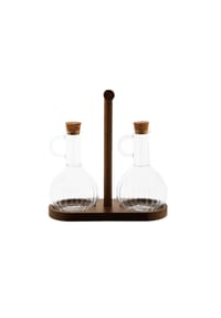 mulex® - Elegantes Öl- & Essigspender Set mit Holzständer - 320 ml in - Transparent-Braun 22 x 22 cm