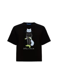 CAT by manii'ta lacitta - Schwarzes, kurzes, übergroßes T-Shirt mit sportlicher Katze - schwarz
