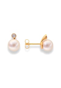 DI PERLE® DI PERLE Schmuckkollektion - Süßwasser Zuchtperlen Ohrringe Brillantohrstecker aus 585er Gelbgold, 2 Brillanten 0,050 ct - weiß