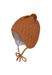 maximo® - BABY-Mütze, Zopfstruktur, Band ausgenäht, Blende, Pompon - aubergine