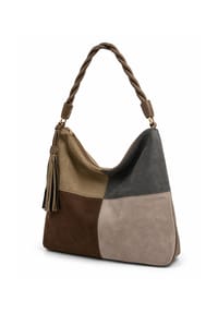 collezione alessandro® - Schultertasche Patchwork Patchwork-Optik aus softem Velourimitat - dunkelbraun