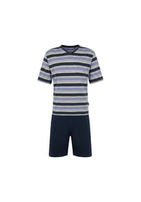 hajo - Herren Schlafanzug, kurz - Klima-Light, V-Neck, gestreift, Baumwollmischung - Blau