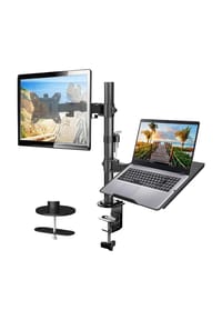MANIKE - Höhenverstellbare Monitor-Tischhalterung mit Ablagefläche, 360° drehbarer Bildschirmarm bis 40,8 cm Höhe, mit C-Klemme und Tüllenmontage - 