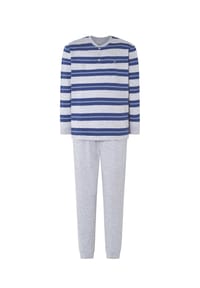 El Búho NOCTURNO® - Herren-Schlafanzug, Lang, Baumwolle, gestreift - grau/blau