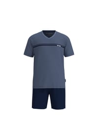 TOM TAILOR - Herren Schlafanzug, kurz - Shorty, Rundhals, Pyjama, Baumwolle, V-Ausschnitt, Single Jersey - Blau