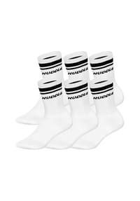 HUDDLE® - Unisex Socken, 6er Pack - Doppelstreifen, Logo, Crew, Sportsocken, einfarbig - Weiß
