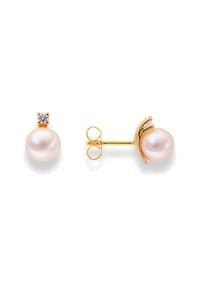DI PERLE® DI PERLE Schmuckkollektion - Süßwasser Zuchtperlen Ohrringe Brillantohrstecker aus 585er Gelbgold, 2 Brillanten 0,040 ct - weiß