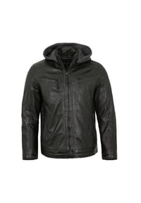 JILANI - Herren Lederjacke Kapuze Lammnappa schwarz - schwarz