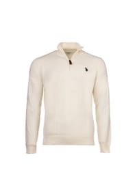U.S. POLO ASSN. - Herren Strickpullover mit Stehkragen - Half Zip, Logo, Baumwolle - Beige
