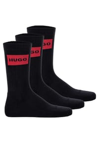 HUGO - Herren Socken, 3er Pack - QS Rib Label CC, gerippt, Logo, Baumwollmischung - Schwarz