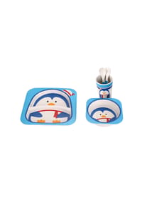 Cheffinger - Kindergeschirrset 5-tlg. aus Bambus in Pinguinmotiv - robust & bunt - Mehrfarbig 5-teilig