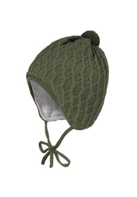 maximo® - BABY-Mütze, Zopfstruktur, Band ausgenäht, Blende, Pompon - aubergine