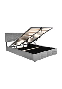 KOMHTOM - Polsterbett 140x200 cm, Samt grau, hydraulisch, höhenverstellbares Kopfteil – ohne Matratze - Grau