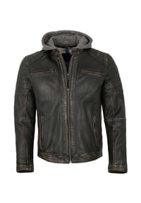 JILANI - Herren Lederjacke Lammnappa Bikerjacke Kapuze schwarz-beige - schwarz