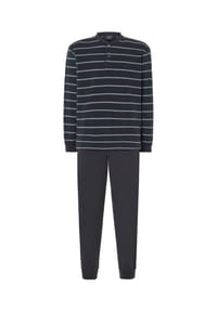El Búho NOCTURNO® - Premium-Schlafanzug, Lang, Interlock-Strick, Baumwolle, gestreift - schwarz