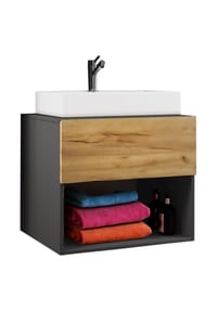 VCM. - 2-tlg. Waschtisch Waschplatz | Waschbecken Breite 60 cm | Badmöbel Set | Bad Schrank Keramik Lendas ll - Anthrazit / Honig-Eiche