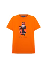 cat e lolette - Orangefarbenes T-Shirt mit Snowboard-Katze - orange