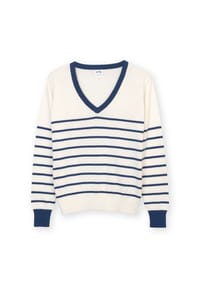 KITE - Damen Winspit V-Kragen Strickpullover Navy Streifen Bio-Baumwolle - weiß