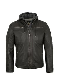 redpoint - Herren Lederjacke Bikerjacke Kapuze Lammnappa schwarz antik - schwarz antik