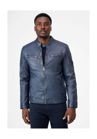 RICANO - Herren Biker-Lederjacke Gerard mit Brusttaschen,Bikerapplikationen & Stehkragen - Schwarz