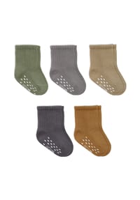 bistyle® - Baby-Socken Basic 5er-Pack, GOTS-zertifiziert, hoher Baumwollanteil, rutschfeste Sohle - Grau/Braun/Grün