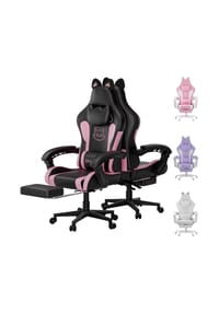 Rattantree - Gamingstuhl J mit Katzenohren, Fußstütze, Massage-Lendenkissen und Liegefunktion,Rosa-Schwarz - bicolor