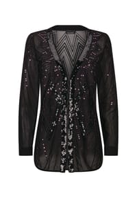 GOLDNER - Kurzgröße:  Edle Pailletten-Jacke mit V-Ausschnitt - schwarz / beere / gemustert