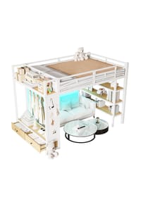 KOMHTOM - Hochbett 140x200 cm mit offenem Kleiderschrank, Lochwand und LED-Beleuchtung, Weiß - Schwarz