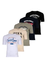JACK & JONES - Herren T-Shirt, 5er Pack - JJLEOGRA TEE CREW NECK, Kurzarm, Rundhals, Baumwolle, Logo-Print - Schwarz/Weiß/Blau/Grün