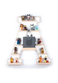 VCM. - My Home - Kinderregal Buchstabe A | hängend für Toniebox und Tonie Figuren | platzsparendes Regal | H. 54 x B. 49 x T. 19 | Wandregal Musikbox Figuren Aufbewahrung mit Magneteinsätzen | Aufbewahrungsregal Holz - Grau