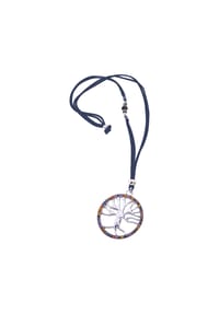 Steuer Modeschmuck - Kette Lebensbaum mit bunter Zierde an blauem Veloursband Metall 52 Glasstein - weiß