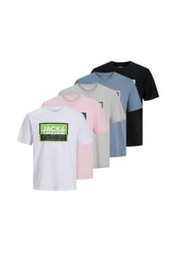 JACK & JONES - Herren  T-Shirts, 5er Pack - JCOLOGAN SUMMER PRINT, Rundhals, Baumwolle - Rosa/Weiß/Schwarz