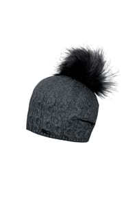 CAPO - Strickmütze Kaschmir fake fur pompon, Fleecestreifen - beige