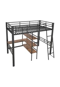 KOMHTOM - Hochbett 90x200, Eisen schwarz, mit Schreibtisch, Regalen, Geländer & Leiter – ohne Matratze - Schwarz