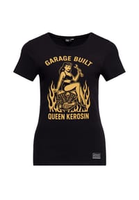 QUEEN KEROSIN - Print-Shirt Einfarbiger Frontprint mit Pin-up auf V2-Motor und Flammen Garage Built - schwarz