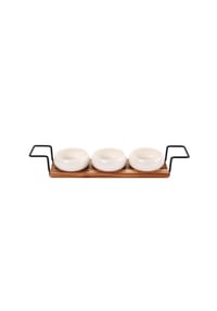 Cheffinger - Dip-Schalenset mit Bambusbrett - Servierset mit Keramikschalen - Weiß, Braun 44 x 10 x 6 cm