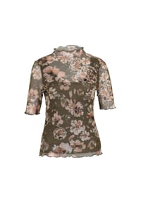 zero - Mesh-Blumen-Shirt mit hohem Kragen - KhakiCream