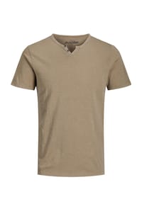 JACK & JONES - T-Shirt SPLIT NECK Kurzarmshirt mit zwei Zierknöpfen aus Slub-Gewebe - hellbraun