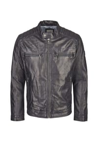 bugatti - Lederjacke BUAMADEO mit Stehkragen und Druckknopfriegel - Schwarz