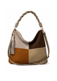 collezione alessandro® - Schultertasche Patchwork Patchwork-Optik aus softem Velourimitat - dunkelbraun