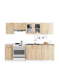 Akord - Lima Küchenmöbel-Set mit Vitrinenschrank und Arbeitsplatte - weiß/sonoma-eiche