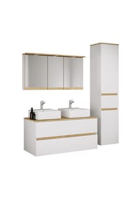 VCM. - 5-tlg. Doppelwaschtisch Cosila mit 2 Keramikbecken – Badschrank H. 51 x B. 111 x T. 51 cm mit 2 Softclose-Schubladen, Spiegelschrank mit Beleuchtung & Steckdose und Hochschrank Cosila-A - Anthrazit / Honig-Eiche