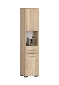 Akord - Fin Badezimmer-Hochschrank mit 2 Türen, 1 Schublade, 5 Einlegeböden und 1 offenes Fach - artisan-eiche