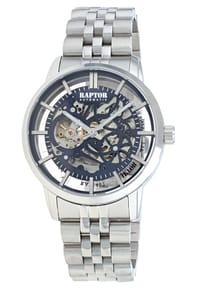 ONE ELEMENT Raptor - Herren Automatik Skelettuhr Armbanduhr mit Edelstahlgliederarmband - 5 ATM - Mineralglas - blau-silber