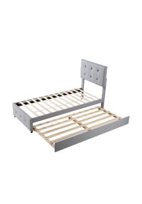 KOMHTOM - Polsterbett 90x200 cm, Leinen grau, ausziehbar, mit verstellbarem Kopfteil – ohne Matratze - Grau