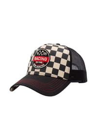 KING KEROSIN - Trucker Cap Front und Schirmunterseite im Schachbrettmuster mit rundem Racing-Patch Racing Kulture - schwarz