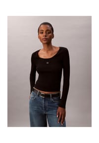 Calvin Klein Jeans - Langarmshirt, Label, U-Ausschnitt, für Damen - 0 UB1 BLACK